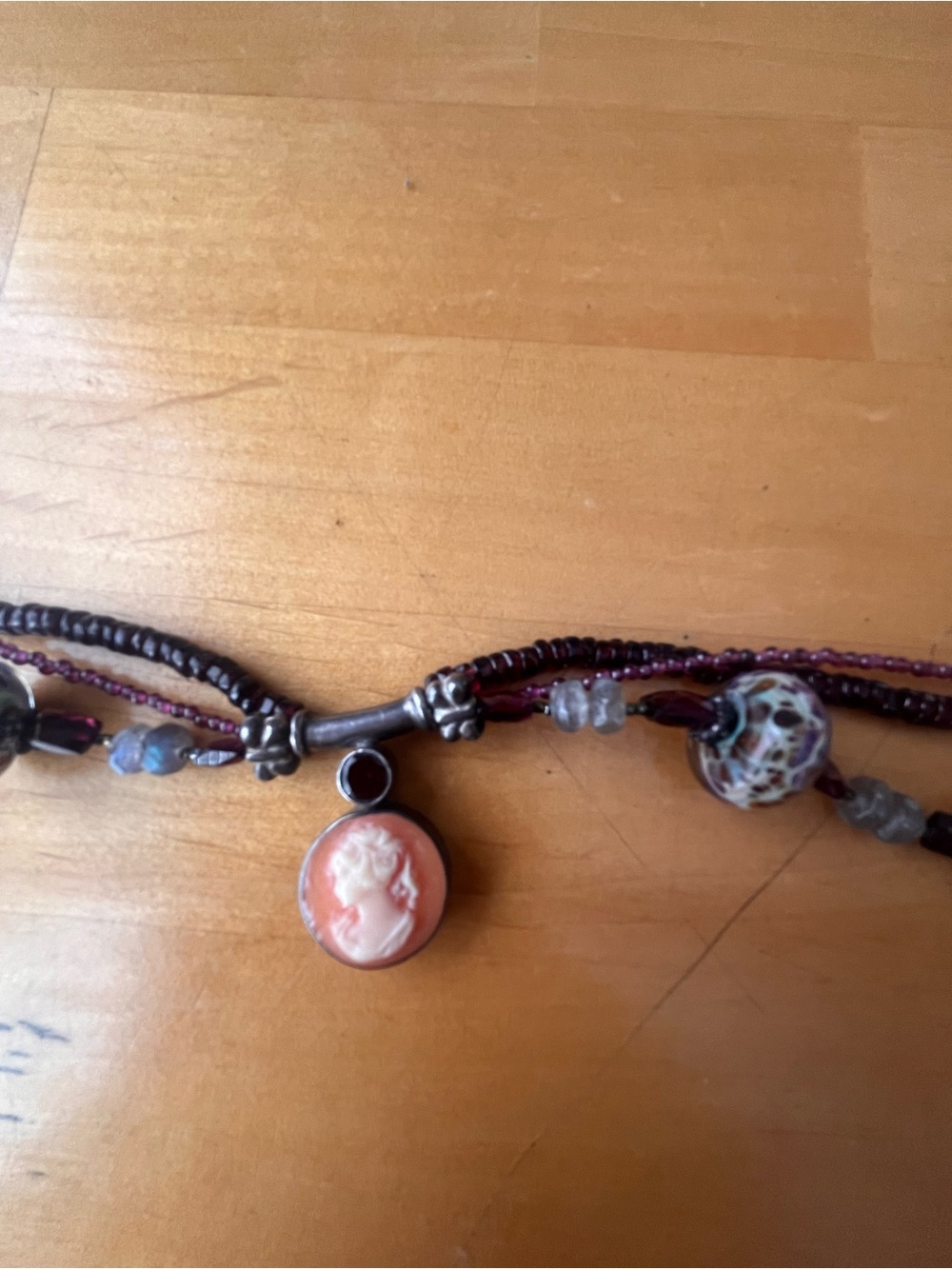 Hand Crafted Pink Cameo Multi-Strand Beaded Necklace